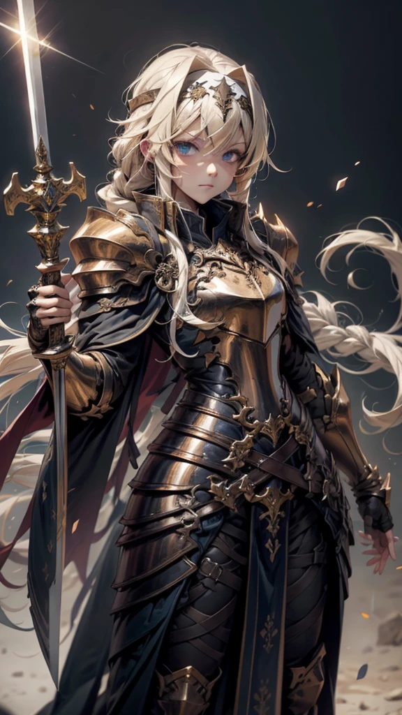  high resolution on down,  Unity 8k Wallpaper , longsword , (美しい detailed eyes on board:1.16),  extra detailed face with fashionable colors、 Alignment Night Alice 、Synthetic 30 , Wield the Holy Sword、bangs,  blue eyes,  blond hair,  hair between eyes ,  very long hair,  braided ,  headband, 白い headband,Break Dress, Cape, armor,  blue dress,  shoulder armor,  Gauntlet ,  Paulons , breastplate, Armored Dress, drop down, ブルーCape, knight, 金のarmor,  Pretty Girl Without Complaints 、[3D Images:1.25],[[ charming eyes , detailed eyes on board、 colorful eyes 、Sparkling Eyes:1.25]]、armor, Best Quality,  high resolution on down,  Unity 8k Wallpaper , (Illustration:0.8), (美しい detailed eyes on board:1.16),  extra detailed face with fashionable colors、Dress appropriately, Beautiful fingers,Ultra-precision、Holy sword in hand