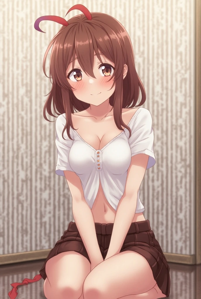 mikanyuuki, mikan yuuki, (brown eyes:1.7), brown hair, hair ornament, hair scrunchie, long hair, pink scrunchie, scrunchie, (flat chest:1.2),
BREAK white bra, striped panties 
BREAK looking at viewer,
BREAK indoors, classroom,
BREAK (masterpiece:1.2), best quality, high resolution, unity 8k wallpaper, (illustration:0.8), (beautiful detailed eyes:1.6), extremely detailed face, perfect lighting, extremely detailed CG, (perfect hands, perfect ???????),