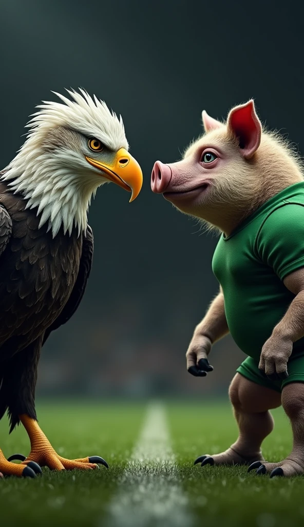 A muscular pig, chest puffed out and shirtless, green tattoo, inside a soccer stadium, next to a muscular rooster, chest puffed out and shirtless, black tattoo, crossing his arms