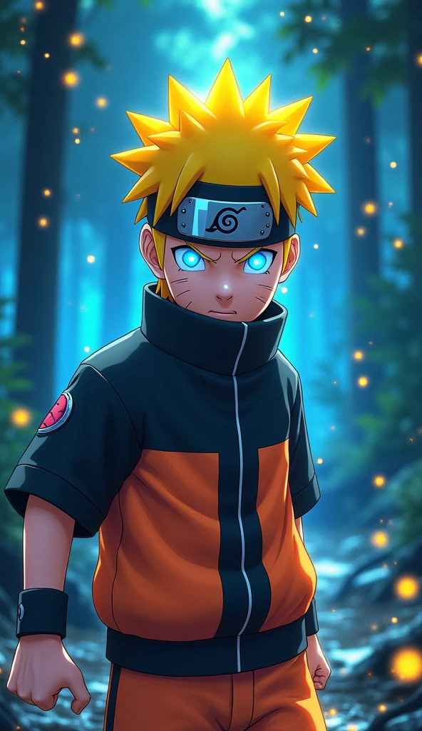 Naruto with bright blue, intense eyes, glowing with power as he performs Rasengan, his spiky blond hair illuminated by bright yellow highlights. He stands in a neon-lit forest, surrounded by particles of light and sparkling water droplets, with vivid blue and orange reflections that intensify his determined expression.