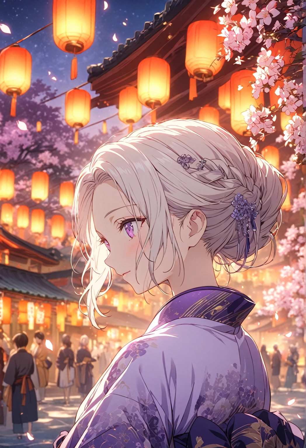 Create an anime-style portrait set in a serene, enchanting evening festival scene. The background is filled with softly glowing paper lanterns hanging from strings, casting a warm, gentle light that creates a magical and dreamy atmosphere. The setting is surrounded by traditional Japanese architecture and delicate blooming trees, with petals floating softly in the air. The colors are a mix of warm oranges, deep blues, and soft purples, creating a tranquil, mystical ambiance. The female character has a calm, introspective expression and is dressed in a beautiful chinese dress. Her white hair is styled in an elegant braided updo adorned with decorative hairpins and delicate flowers, adding a sense of grace and refinement. Her light purple eyes radiates warmth. Use a shallow depth of field to keep the character in sharp focus while the background softly blurs, enhancing the feeling of intimacy and quiet wonder in this peaceful festival night.