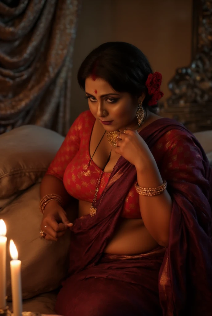 The witch lies back on her bed, her body stretched out languidly across the soft, luxurious sheets. The faint glow of candlelight illuminates her figure, casting soft shadows that accentuate the curves of her body. The sheer maroon sari drapes loosely around her, pooling at the sides of the bed, its lightweight fabric barely covering her thighs, revealing her smooth skin beneath. Her maroon blouse, thin and simple, clings to her form, highlighting her full breasts and the gentle curve of her waist. The deep neckline of the blouse offers a teasing glimpse of cleavage, drawing attention to her seductive, relaxed pose.

Her head rests against the pillow, her updo still perfectly intact, with a few loose strands of hair framing her face. A red flower is tucked into her hair, while a delicate gold hairpin catches the soft light. Her eyes, bold and smokey, are closed, but the long curled lashes still cast an alluring shadow on her skin. Her lips, coated in glossy black lipstick, are parted slightly, glistening with a wet sheen that adds to the seductive air surrounding her. The faintest smile plays at the corners of her mouth, as if she is inviting someone to join her in this private, intimate space.

The room around her is bathed in dim lighting, with ornate furnishings and thick curtains that shield her from the outside world. The bed is large and inviting, with plush pillows and luxurious bedding that enhances the sensual mood of the scene. The witch’s body is a study in relaxation and allure, her figure full and curvy, the fabric of her sari and blouse accentuating every curve as she lays back with effortless grace. The magical energy that she radiates seems to fill the room, making the air feel charged, as if her very presence commands attention.

As she lies there, her full figure on display, the witch's sensual energy fills the space, the atmosphere thick with unspoken invitation and a quiet, seductive tension. The older man, who had been lingering outside her door