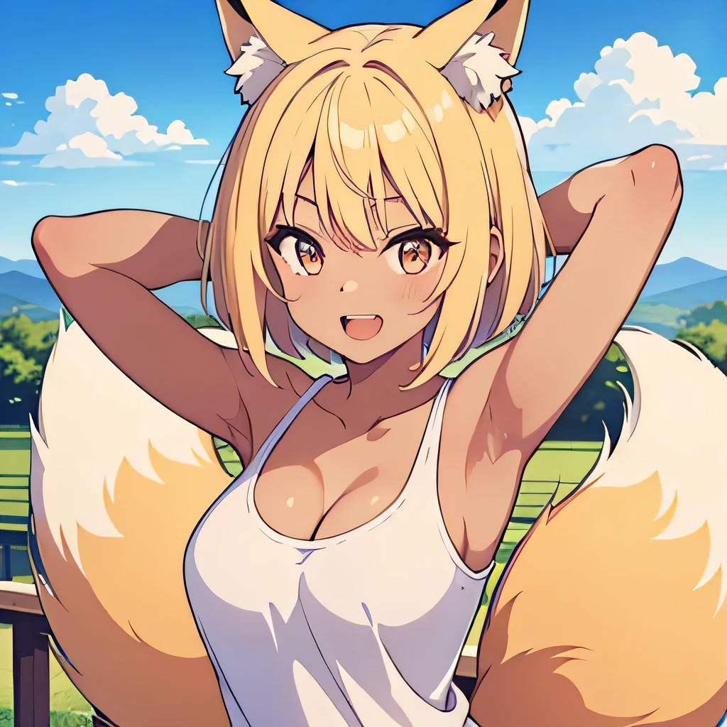 (masterpiece, best quality:1), 1girl, fox girl, fox ears, fox tails, blonde hair, short hair, golden eyes, {dark skin, shiny skin, tan, },  medium breasts, deep cleavage, upper body, loli face, short stature, hands behind head, tank top, short shorts, band-aid on the cheek, tomboy, summer scenery in the Japanese countryside, smile, open mouth, 