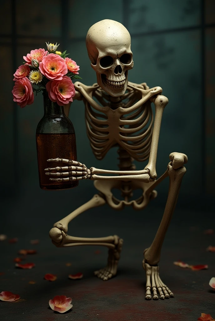 an atronalta skeleton holding a rose in a glass cupola, realistic