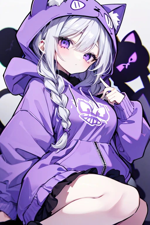 hologram,purple skin, hood, rating:safe, 1girl, solo, smile, hood up, orb, looking at viewer, hooded cloak, upper body, purple eyes, bangs, short hair, complex background, gloves, blunt bangs, blush, breasts, black background, black gloves, white hair, hooded cape, purple lips, cleavage cutout, , full scpecial effect particle and complex background , cyberpunk background style and refferences , oil pastel mix