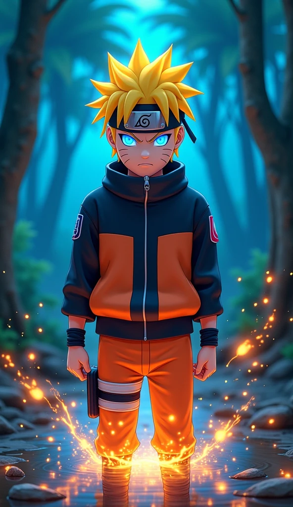 Naruto with bright blue, intense eyes, glowing with power as he performs Rasengan, his spiky blond hair illuminated by bright yellow highlights. He stands in a neon-lit forest, surrounded by particles of light and sparkling water droplets, with vivid blue and orange reflections that intensify his determined expression.