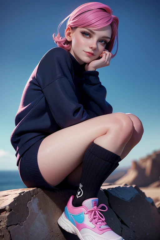 Cute girl with pink hair,  blue eyes ,  seductive pose ,  seductive smile ,  looking at the spectator, black sweatshirt, AuriculAres,  black socks , sports shoes,  masterpiece , super detail,  lyrics,  composition epic character,  natural lighting ,  sharp focus,  ultra resolution ,  plain white background , without patterns, No textures. 