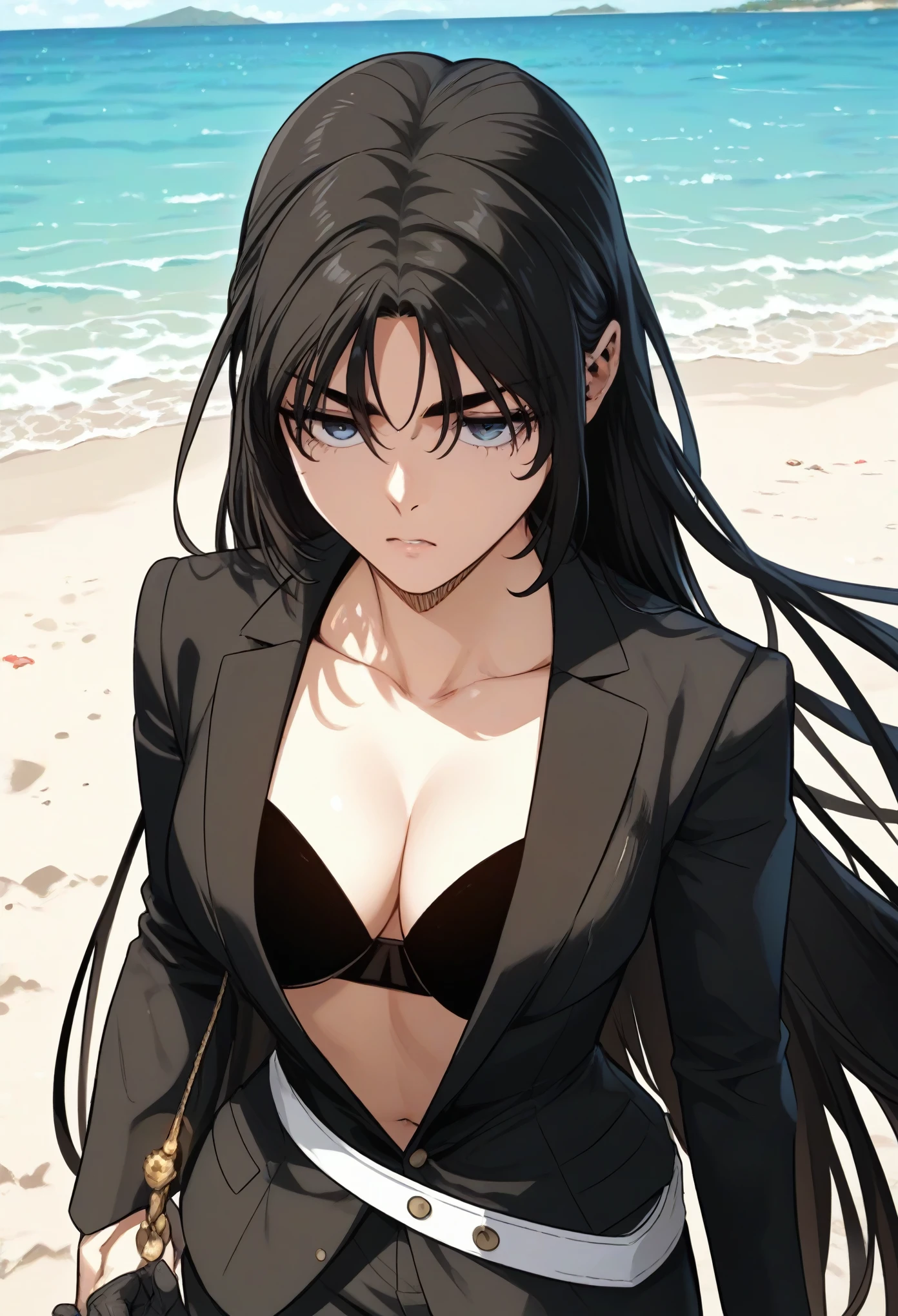 uniaArden, long hair, black hair, dark blue eyes, black suit, black bra, black gloves, half gloves, navel, white belt,on the beach