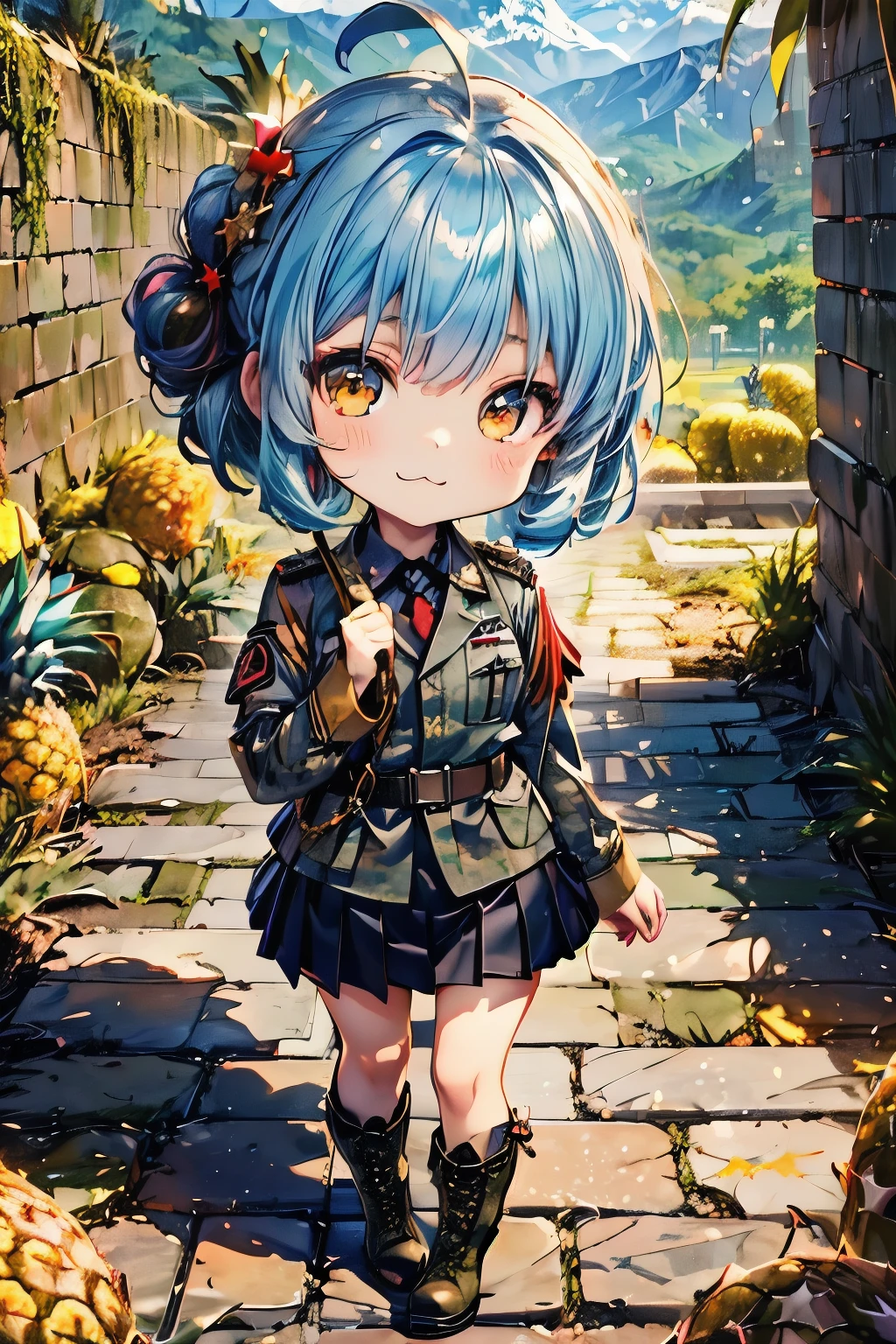 ( fresh pineapple:1.3)、(Anime Moe、Chibi Body、 light blue hair color , Short chignon hair、Expressionless、Golden Eyes、:3, Ahoge:1.2)、(army skirt、Army Boots、 army fashion、Army Make :1.4)、(Stone Wall、Chibi Officer 、Red Bricks 、Neo-Gothic:1.2)