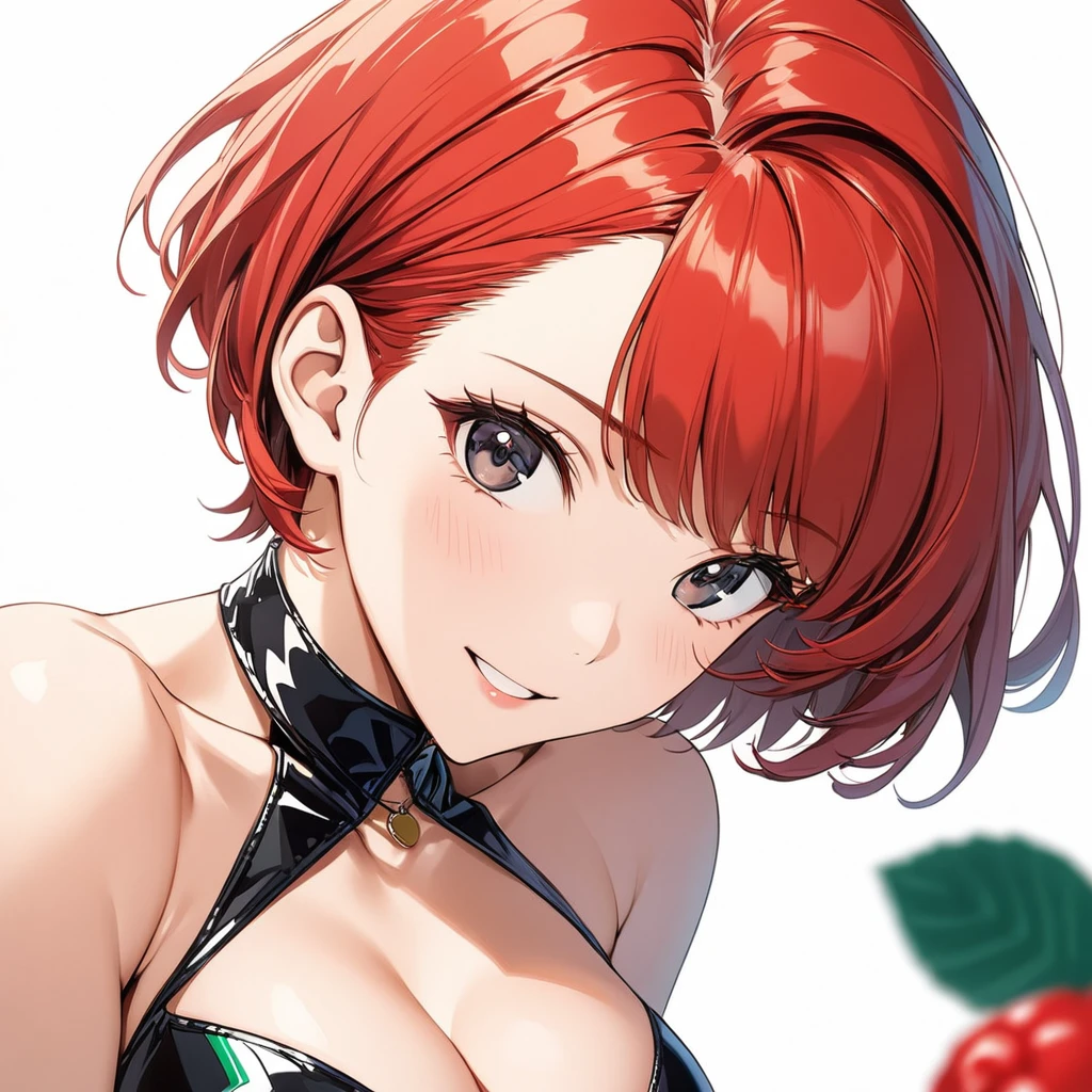 masterpiece, Best Quality, High resolution,16k,super detailed skin,detailed,animated painting, Takarada Rikka ,1990s \(style\),1 girl,Race Queen,(((berry short cut:2.0))),(red hair,swept-back:1.7),cropped hair,hair slicked leftback,(race queen costume:1.5),skull necklace,big black eyes,pointed eyes,long eyelashes,Muscular、(Navel exposed,clevage:1.5),(F cup beautiful breasts)、25years old, (tall:1.2),height: 175cm,Sexy long legs,Fashion model body type,solo,big laugh,happy、Shy、Shyness,Cool look,blush,Anime-style painting style,A composition that shows the upper body,front view,looking at viewer,cinematic lighting,(simple white background:1.5)、(sexy:1.5) ,(closeup:1.2),dynamic angle