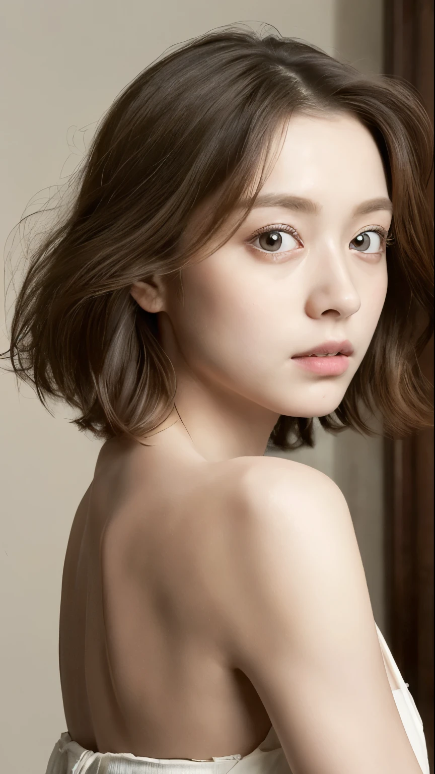 ((best quality, 8k, masterpiece: 1.3)), 1 girl, Slim Abs Beauty: 1.3, ( Casual and cute hairstyle: 1.2), : 1.1, Charismatic face, Detailed eyes, double eyelids,short hair， With earrings, bedroom, Light makeup,The expression is very angry， ((Medium breasts nude, cute breasts)), (Lying in bed), (The portrait was taken from above her lying body)