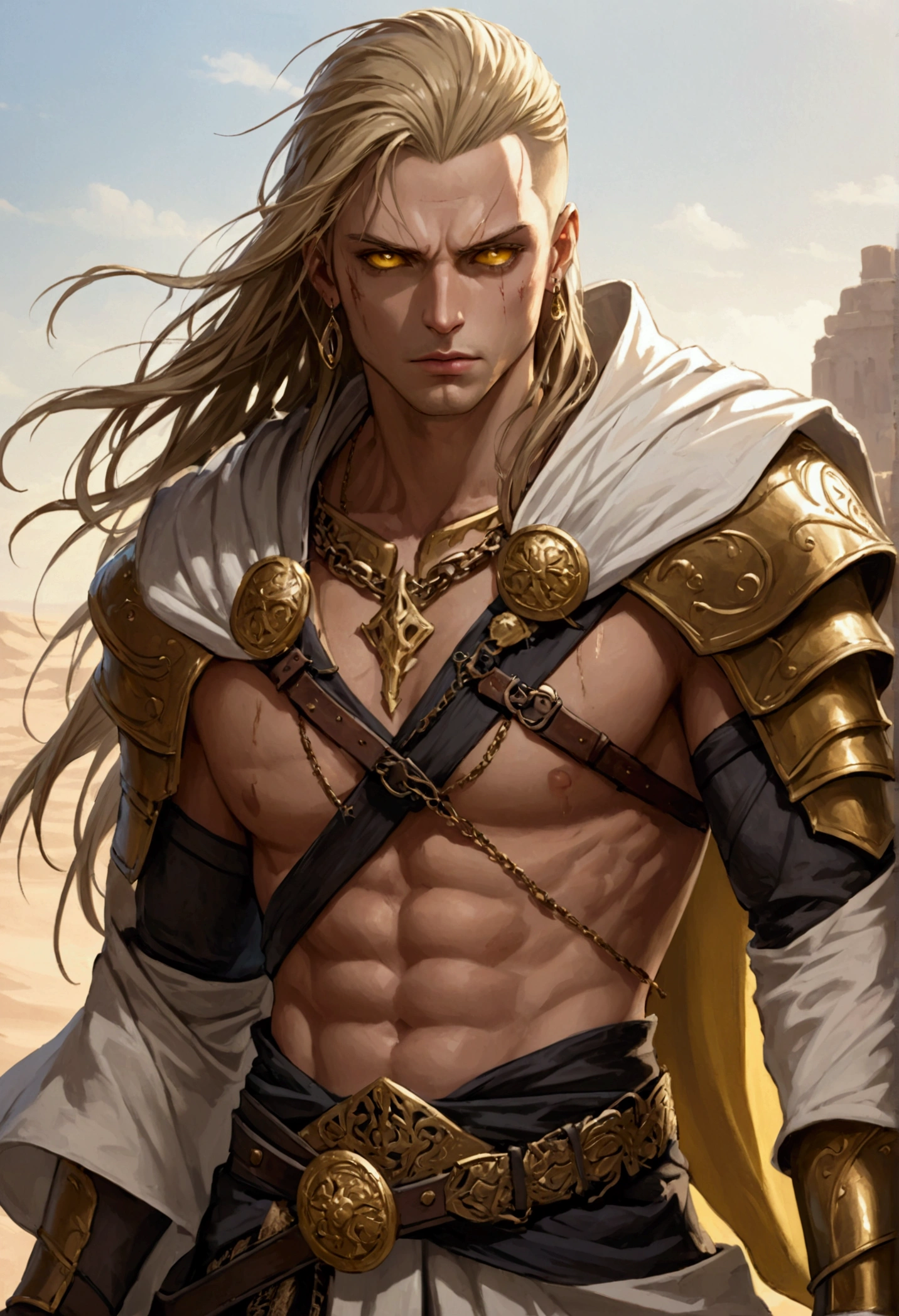 anime, (masterpiece, best quality, ultra detailed, best shadow), (detailed background, dark fantasy), (detailed human face and head), (medieval) (yellow and bronze sword), ((hard shredded abs)), 1 man, un hombre, one man, best quality, cinematic lighting, dark, an ancient slavic warrior, diffuse lighting, fantasy, intricate, highly detailed, highly detailed face, realistic, photorealistic, digital painting, art station, illustration, concept art, soft sharp focus, alone, gloves, long hair, belly button, blonde and brown hair, palace desert sand, hair between eyes, white gloves, looking at viewer, fingerless gloves, hold on, shoulders, large belt, elbows, yellow eyes, helmet, bronze armor, earth colored parted lips, pants, sweat, yellow eyes, bandages, slavic warrior, sand particles, best quality, slavic white human, cinematic lighting, golden ornaments, chains, earrings, desert background, in focus, luminous, muscular, old warrior, perfect features, ready for battle, sand, skinny, standing, strong, warrior stance, yellow eyes, full muscled body, no body hair or scars, thin hands, by Tim Burton Films. ((bare, hard, marked abs)), happy, liar, Slav. skinny (medieval) (bronze sword).