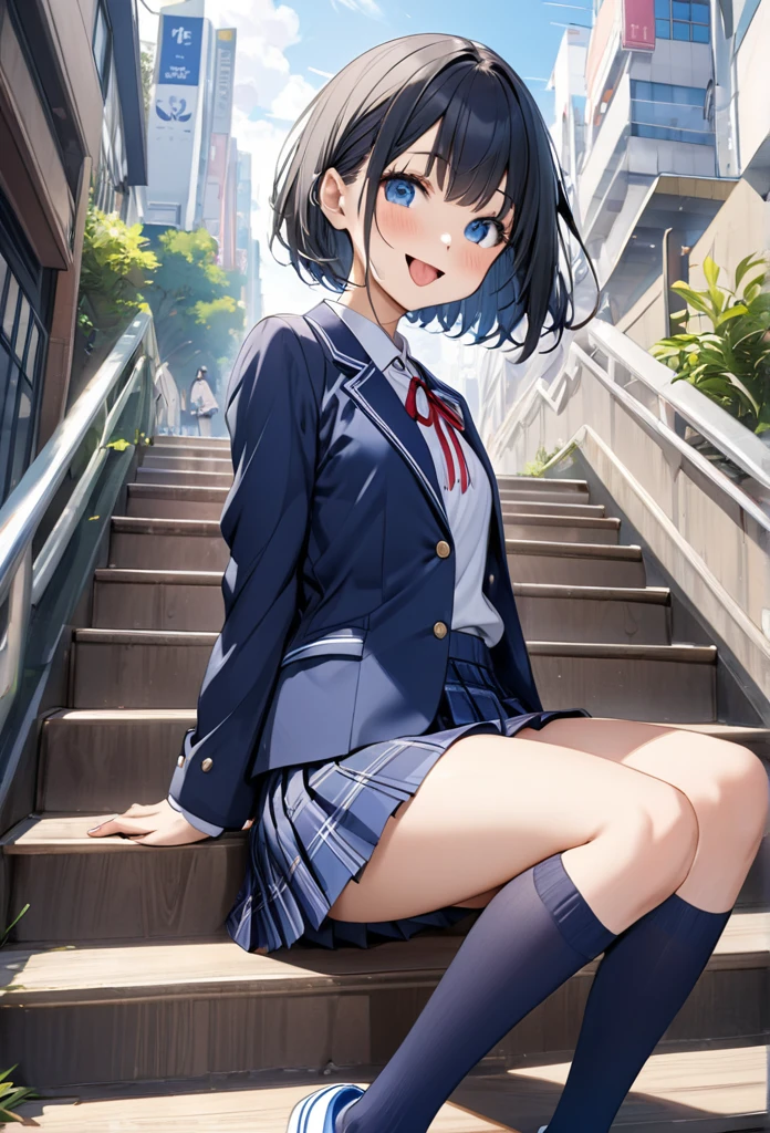 (((Japanese JK uniform, navy blue blazer , navy blue plaid pleated miniskirt,Dark blue short socks,))), ull body、masterpiece, Best Quality,  Very Detailed, Thin legs、 Beautiful Details , Depth, Fine texture, Fine skin,  very cute girl sticking out her tongue on the stairs、Alone、Happy smile、blush, open mouth、 Deep Blue Eyes , Black Hair、open jacket、 sneakers 、 small breasts、City、 short bob、