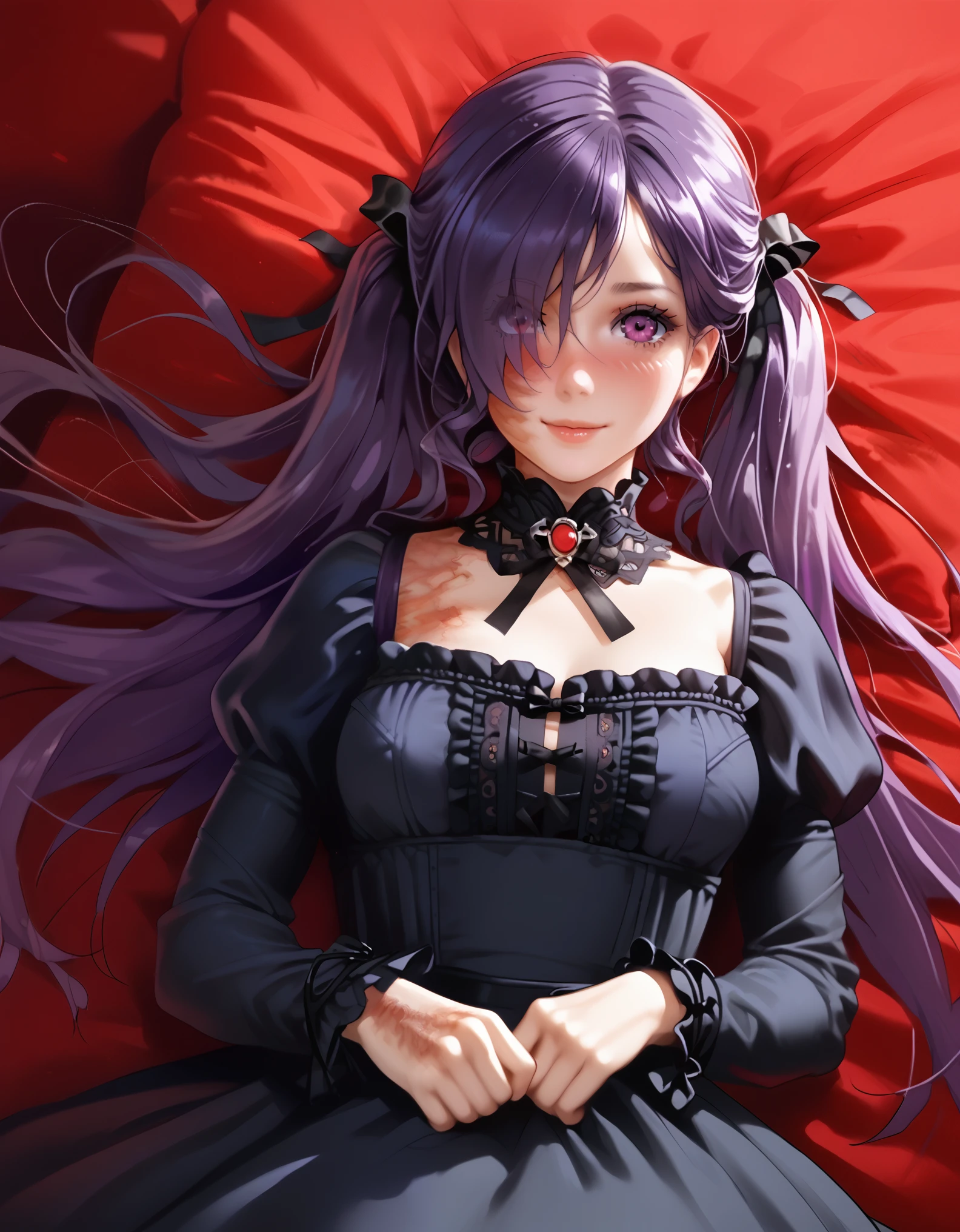 score_9, score_8_up, score_7_up, score_6_up, 1girl, solo, focus, 2d, ikezawa hanako, long hair, hair over one eye, purple hair, purple eyes, burn scar, pov pull, blushing , looking at viewer, dutch angle, AniPnyXLQual, tits with freckles, beautiful smile, saggy tits, hyperactive tits, underboobs, marked eyebrows, gothic lolita, black dress, red brooch, juliet sleeves, detached collar, puffy sleeves, frills, long sleeves, twintails, black ribbon, hair ribbon,