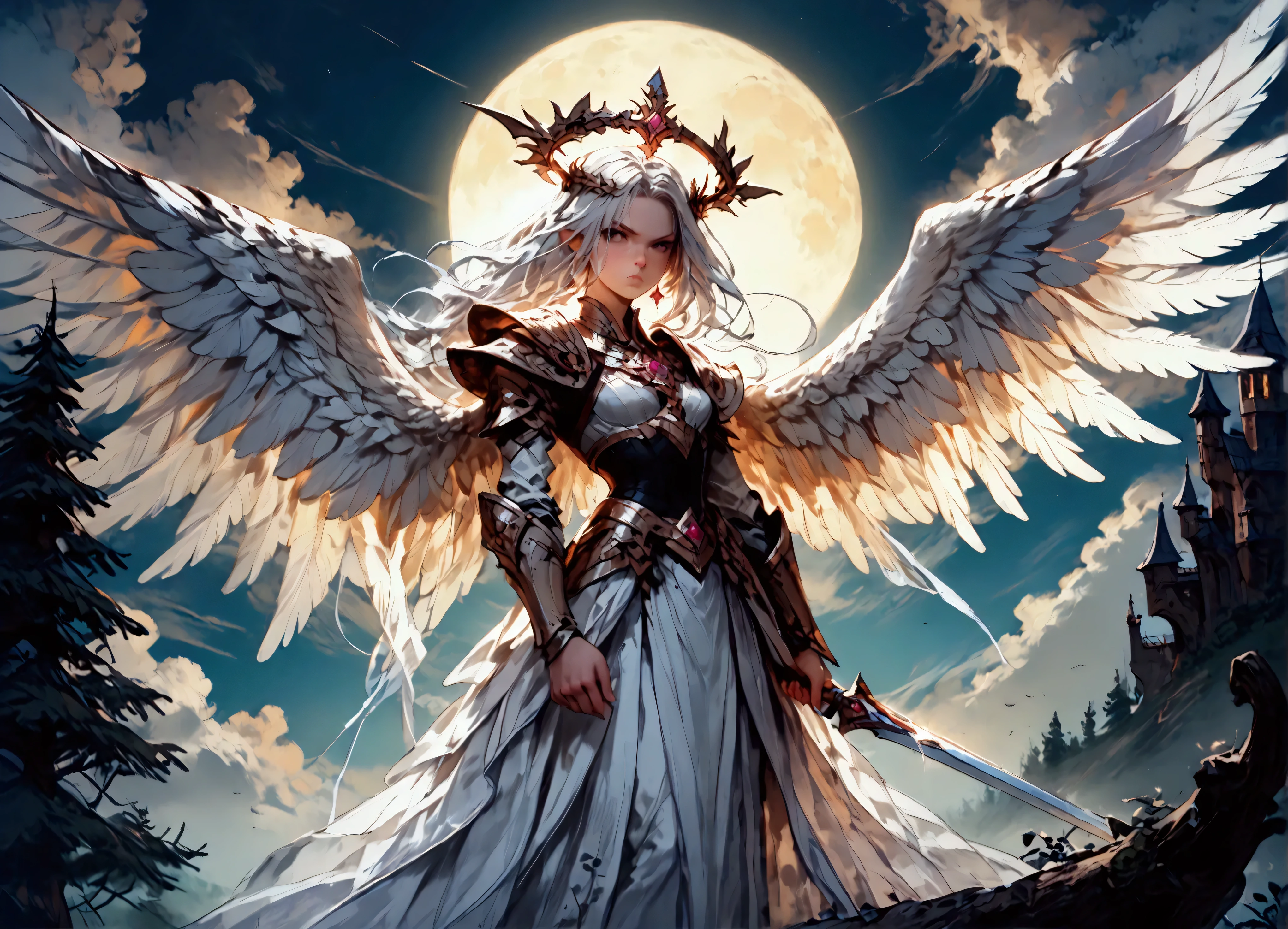 score_9, score_8_up, score_7, an epic fantasy art portrait of aasimar, female, paladin ready for battle under the full moon, holy warrior, spread large feathered wings, majestic wings, white angelic wings spread (Masterpiece, intense details: 1.5), moon light, moon, stars, clouds, holy symbol, armed with a divine sword, wearing holy armor, dynamic hair color, dynamic hair style, dynamic skin complexion, dark fantasy (forest background: 1.3), anatomically correct (Masterpiece 1.3, intense details), angel_wings, determined face, god rays, cinematic lighting, glowing light, silhouette, from outside, photorealism, panoramic view (Masterpiece 1.3, intense details) , Wide-Angle, Ultra-Wide Angle, 16k, highres, best quality, high details, 16K, ultra detailed, masterpiece, best quality, (extremely detailed), arafed, dnd art, portrait, full body, EpicSky, cloud, sky
