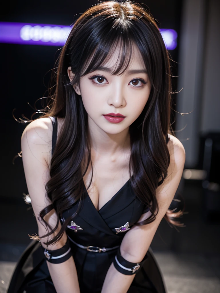 Best Quality、Super detailed、4K、Japanese、 Captivating beauty 、 charming adult woman 、Beautiful woman、 cool girl 、evil female、Brainwashed、 Brainwash 、Fallen into evil、 smirking 、 evil expression、evil smile、evil、Brown Hair、 wavy hair in front of the station、  sweep bang、dark makeup、dark makeup、Sharp Eye、 virtual anime ,Half-open eyes、 virtual anime 、 purple eyeshadow for capsules、Black lipstick、Black lip gloss、uniform、suit、 jacket、blouse、 Tight Skirts 、 pantyhose 、 Knight 、In the darkroom、 beautiful legs with tails、 is standing、Capsule 、Makeup brushes、Evil emblem、Dark Emblem、Pledge Allegiance、 I pledged my loyalty 、dye black 、Darkening、Stained with evil、Stained by darkness、Seduce