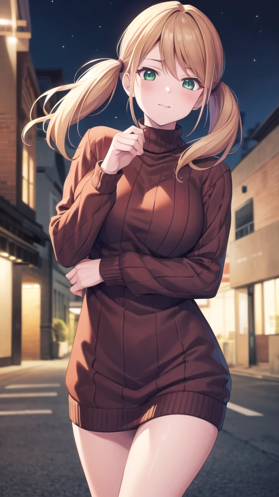 masterpiece, best quality, highres, 1girl, solo, blonde hair, low twintails, green eyes, sweater dress, turtleneck, long sleeves, standing, cowboy shot, street, night