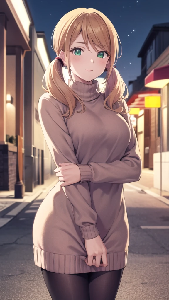 masterpiece, best quality, highres, 1girl, solo, blonde hair, low twintails, green eyes, sweater dress, turtleneck, long sleeves, standing, cowboy shot, street, night