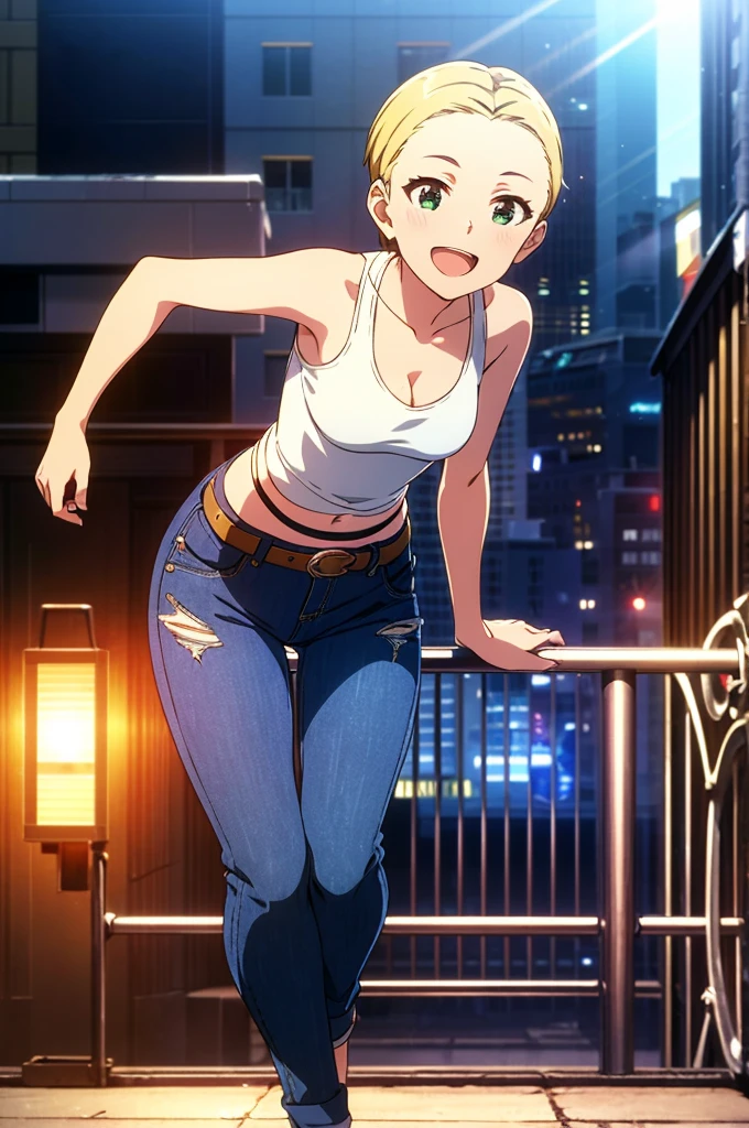 mirishita style, 1girl, solo, {idol outfit, masterpiece}, smile, bobbed hair, short hair, forehead, blonde, cinematic light, black tank top, cleavage, breast, white bootcut jeans, belt, city, outdoors, standing, open mouth, day, small bust}