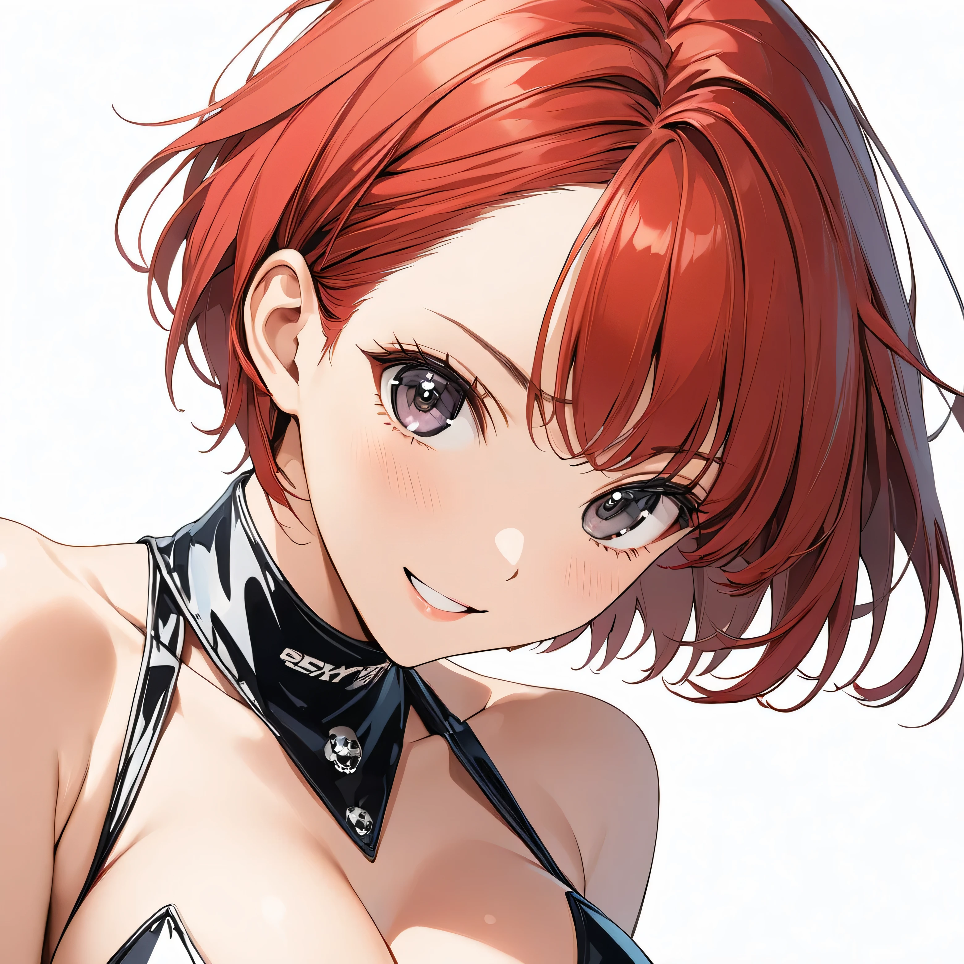 masterpiece, Best Quality, High resolution,16k,super detailed skin,detailed,animated painting, Takarada Rikka ,1990s \(style\),1 girl,Race Queen,(((berry short cut:2.0))),(red hair,swept-back:1.7),cropped hair,hair slicked leftback,(race queen costume:1.5),skull necklace,big black eyes,pointed eyes,long eyelashes,Muscular、(Navel exposed,clevage:1.5),(F cup beautiful breasts)、25years old, (tall:1.2),height: 175cm,Sexy long legs,Fashion model body type,solo,big laugh,happy、Shy、Shyness,Cool look,blush,Anime-style painting style,A composition that shows the upper body,front view,looking at viewer,cinematic lighting,(simple white background:1.5)、(sexy:1.5) ,(closeup:1.2),dynamic angle