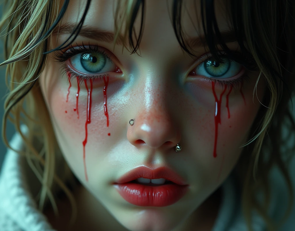 of a real,Perfect facial features,Realistic skin texture,Cute baby vampire girl,closeup cleavage,head portrait,with her mouth open,(See the throat:1.4),Blood-red eyes,(long canine teeth:1.4),There is blood on the teeth,long whitr hair,(blood stains at the corners of the mouth:1.4),Blood,depth of fields,dynamic blur,high light,Real light,Ray traching,oc rendered,Hyper-realistic,best qualtiy,8K,Works of masters,super-fine,Detailed pubic hair,Correct anatomy,sharp focus on eyes,Bokeh,Facial features are carefully depicted