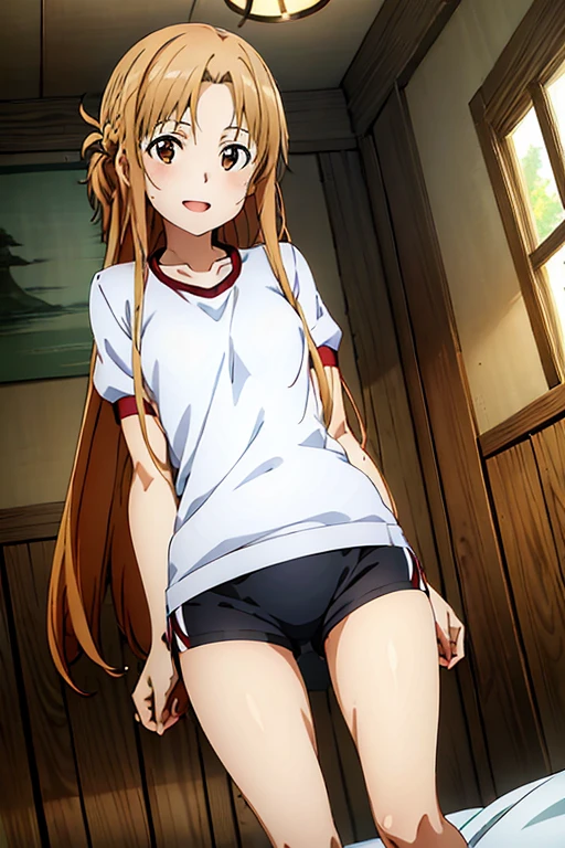 ((Best Quality)), ((masterpiece)), (be familiar with),  perfect face, indoor, bedroom,  watching viewers ,
One woman,  Asuna Yuki,
 characters with open mouth ,  ecstatic expression, blush, smile,
Small breasts,  flat chest, Young girl, Lori,  ****,  girl,
Long Hair,  long hair,
Gym clothes, White short sleeves, Black shorts, Leg spread,