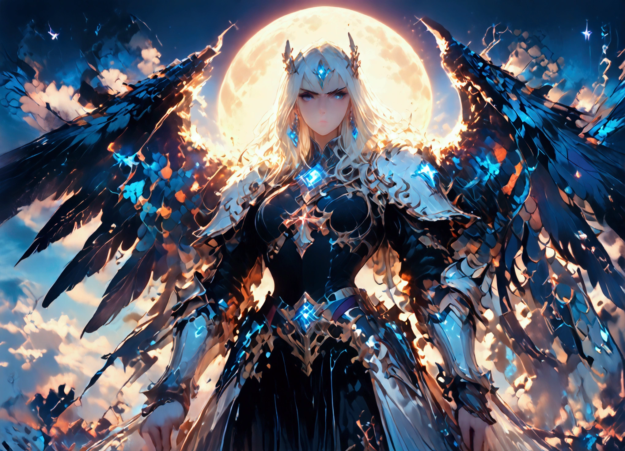 score_9, score_8_up, score_7, an epic fantasy art portrait of aasimar, female, paladin ready for battle under the full moon, holy warrior, spread large feathered wings, majestic wings, white angelic wings spread (Masterpiece, intense details: 1.5), moon light, moon, stars, clouds, holy symbol, armed with a divine sword, wearing holy armor, dynamic hair color, dynamic hair style, dynamic skin complexion, dark fantasy (forest background: 1.3), many trees, under the moonlight, some stars in the sky, some clouds, moon rays, determined face, god rays, cinematic lighting, glowing light, silhouette, from outside, photorealism, panoramic view (Masterpiece 1.3, intense details) , Wide-Angle, Ultra-Wide Angle, 16k, highres, best quality, high details, 16K, ultra detailed, masterpiece, best quality, (extremely detailed), arafed, dnd art, portrait, full body, magical sky, cloud, sky, hkstyle