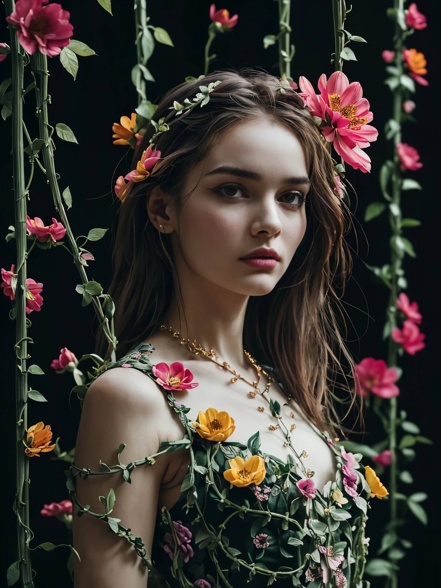 girl, detailed face, (covered by flowers, colorful flowers that looks like scale, flower aesthetic, intricate details, super intricate details, vines and leaves intricate structure:1.2), dark background, fashion, fashon portrait, still life photography, sharp focus,