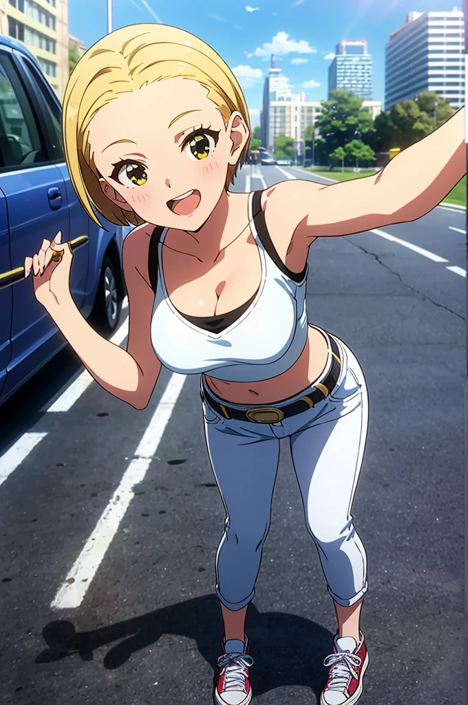 mirishita style, 1girl, solo, {idol outfit, masterpiece}, smile, short hair, forehead, blonde, cinematic light, black tank top, cleavage, breast, white jeans, belt, city, outdoors, standing, open mouth, day, sneakers