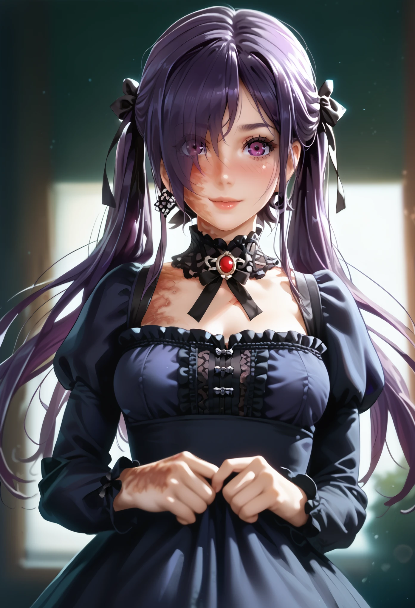 score_9, score_8_up, score_7_up, score_6_up, 1girl, solo, focus, 2d, ikezawa hanako, long hair, hair over one eye, purple hair, purple eyes, burn scar, pov pull, blushing , looking at viewer, dutch angle, AniPnyXLQual, tits with freckles, beautiful smile, saggy tits, hyperactive tits, underboobs, marked eyebrows, gothic ****ta, black dress, red brooch, juliet sleeves, detached collar, puffy sleeves, frills, long sleeves, twintails, black ribbon, hair ribbon