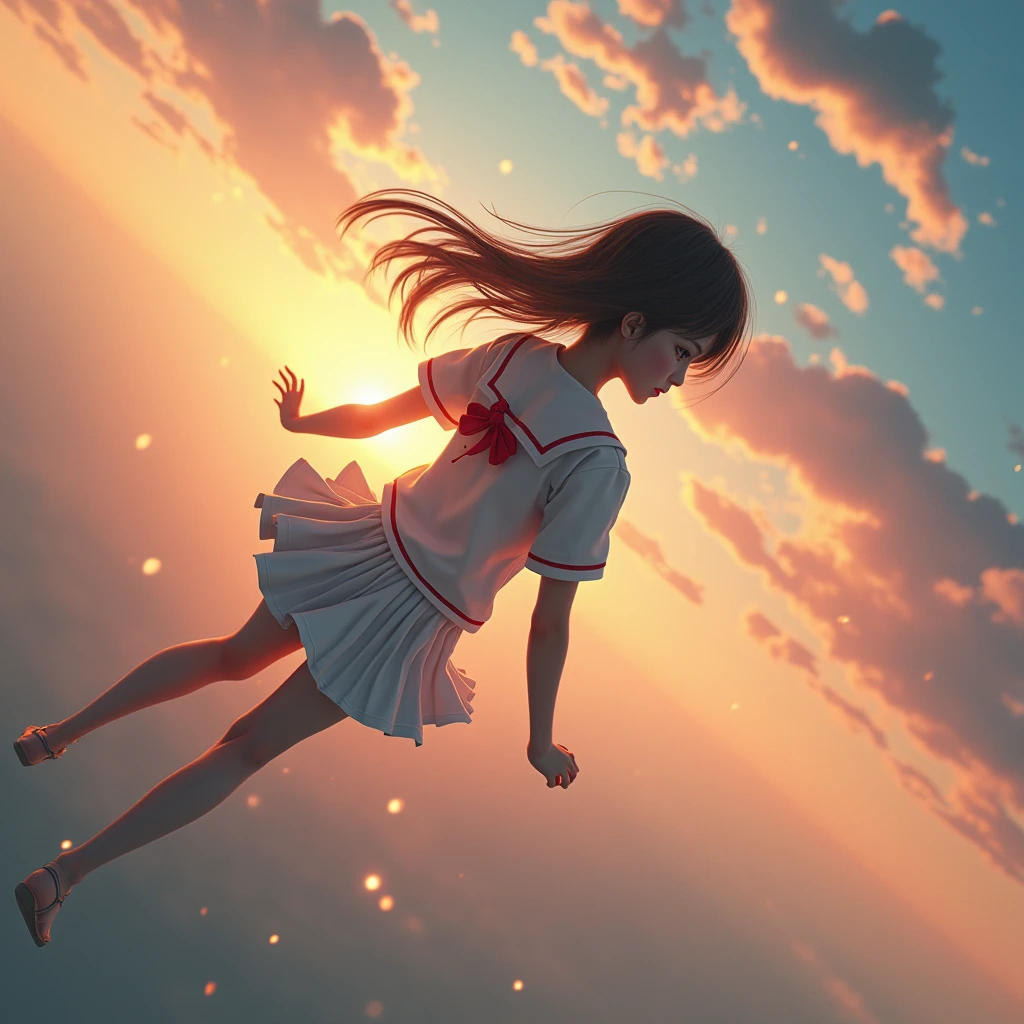 masterpiece, best quality, movie still, 1girl, cloud girl, floating in the sky, close-up, bright, happy, warm soft lighting, sunset, (sparks:0.7)