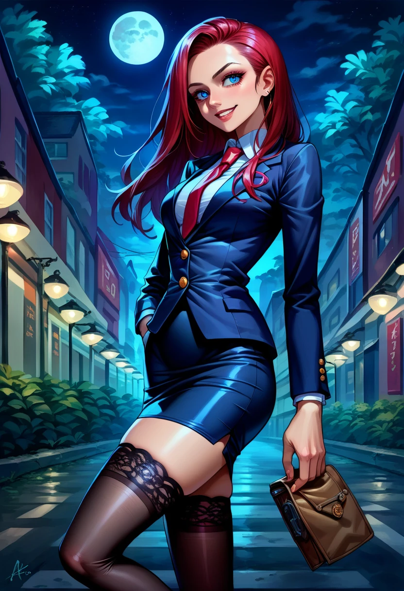 score_9,score_8_up,score_7_up,score_6_up, source_anime, 1girl, solo, EPpkJessie, long hair, blue eyes, red hair, hair slicked back, medium breasts, smile, skirt suit, (((three-piece suit))), (((dress shirt))), (((necktie))), (((blazer))), (((suit jacket))), (((waistcoat))), double-breasted waistcoat, (((bodycon pencil skirt))), (((stockings))), high heels, pocket square, cufflinks, tie clip, tight clothing, formal clothing,,standing,empty streets,night,fog,moon,