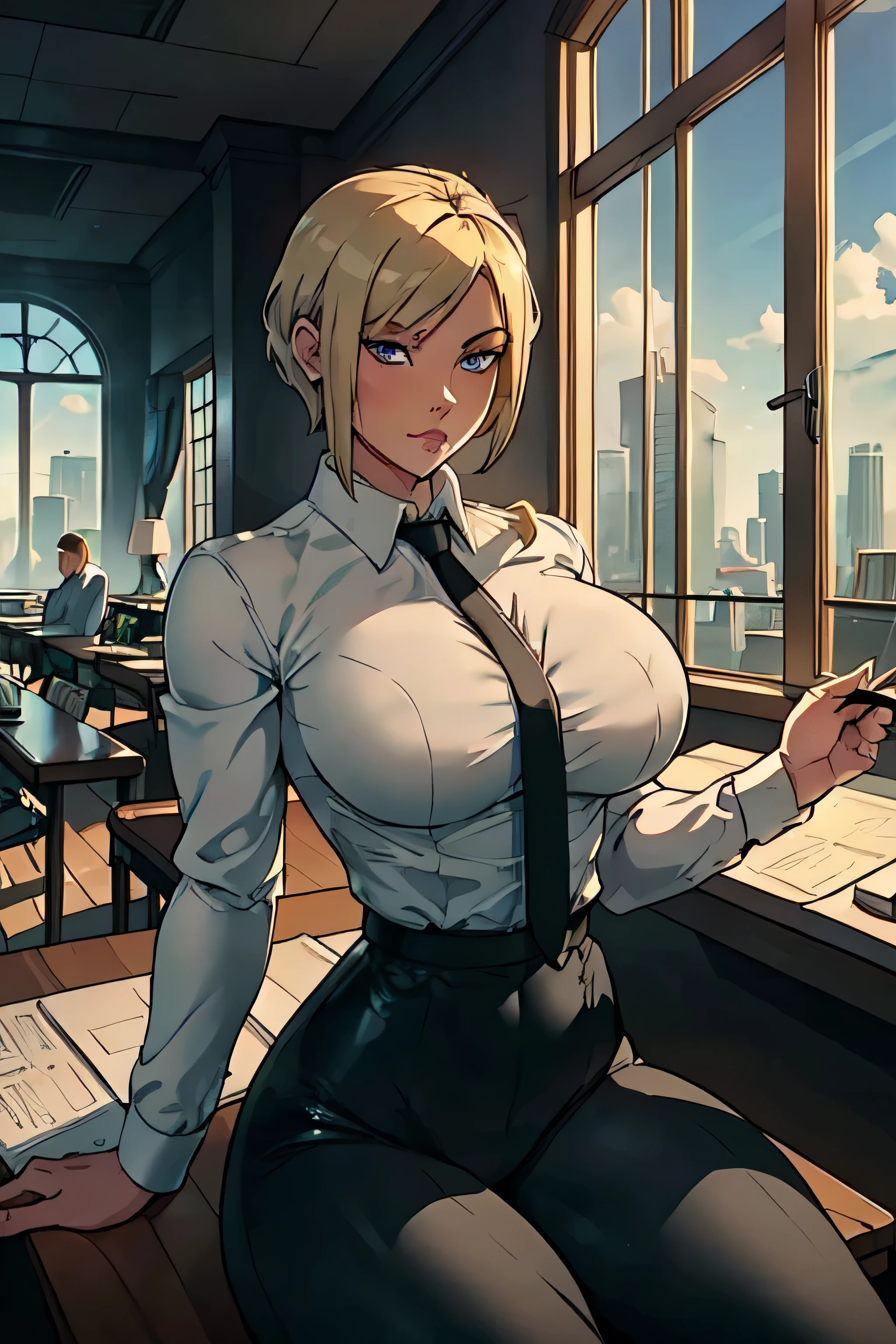 Girl with short blonde hair, blue eyes, wearing A white dress shirt, breasts, with a black tie, defined body, wearing A pair of tight black latex pants , defined waist, hips, collared shirt Sitting at a table with a computer and documents, a glass window in the background showing a city with several buildings 