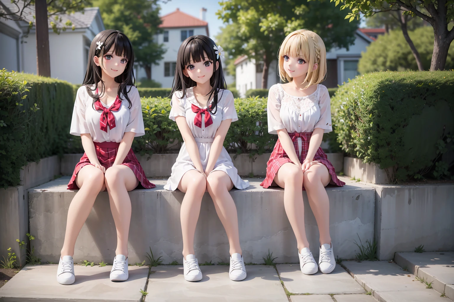  Three happy girls were sitting on a stone staircase。, Full body photography、 smiling happily 、She was wearing a white blouse, Vans sneakers,  red check skirt 、 white sneakers ,  Black Hair , Isolated house, flower,Happy girl with round face, Big Eyes,  Long eyelashes,  Full Body Display 、  meticulous private parts  、Hairless、Detailed Female Genitals 、 feet 、From directly below、I see your white pants、Hands on Hips