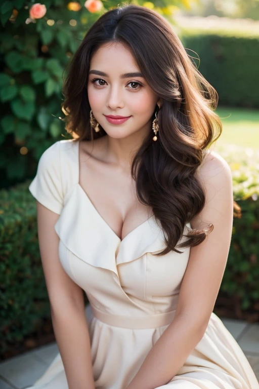 Beautiful girl looking at the viewer ,Wear a cream-colored dress, a jumper, a long skirt,, clear white skin, soft cheeks, Smiling charmingly, seeing ,Sharp face, Brown eyes ,  sitting in a rose garden
Big Breasted , earring, Long hair, brown hair , Long natural curls , 