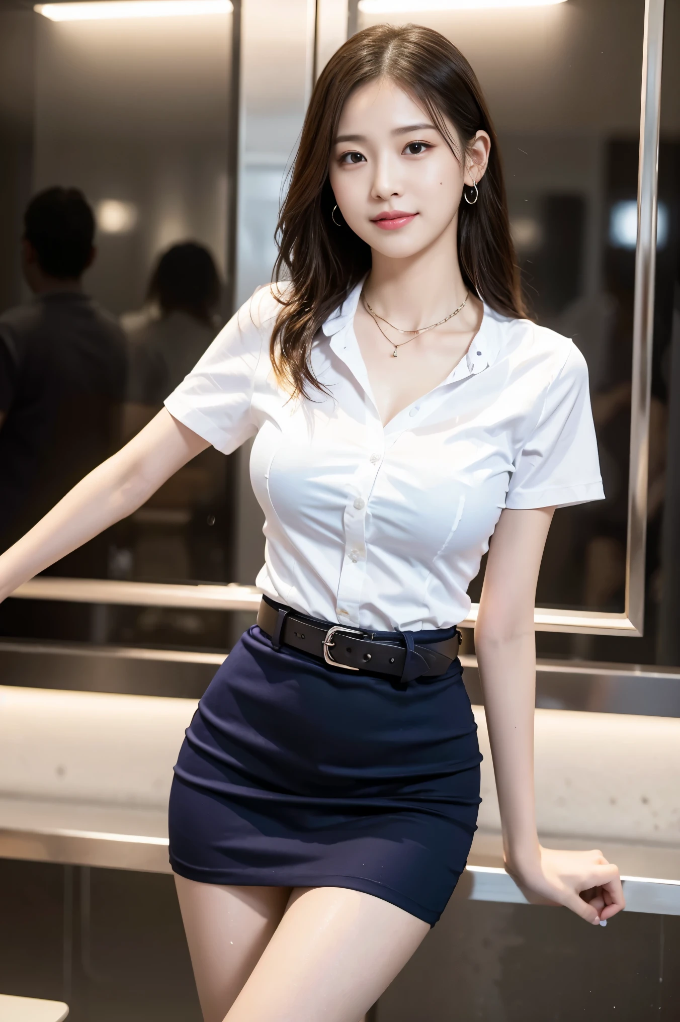 (High resolution 8K, Masterpiece, Only the best quality complicated details Chromatic aberration) realistic ((small breasts)) hair in one eye, purple eyes, big round hoop earrings, sharp eyes, Diamond choker, red gemstone, necklace, (symmetrical eyes), (Perfect symmetrical body), (Photos of beautiful girls, 21 years old), beautiful and charming with contemporary fashion drawings in the eyes of the viewer, ((Behind the large classroom) ), (black short skirt), (((tired ((white short sleeve shirt), ( Open the shirt and show off the small breasts.,Soft milk), no bra)), (open chest),)), ((black short pencil skirt )), (Long square leather belt), belly chain, ((Put your hands down)), (light brown bob, Chic, long brown hair, long blonde hair, cute hairstyle, (There is some hair covering the face.....)), sharp eyeliner, eyes, eyelid, Blush with thick eyelashes Very delicate and beautiful. round chin. Sharp focus. elegant. (Open your legs to reveal your panties..... In the middle of the study table.) (Open your legs by opening your legs......) (Open your legs and lift your right leg up...... your left leg (natural release) it'it'It's an interesting example....