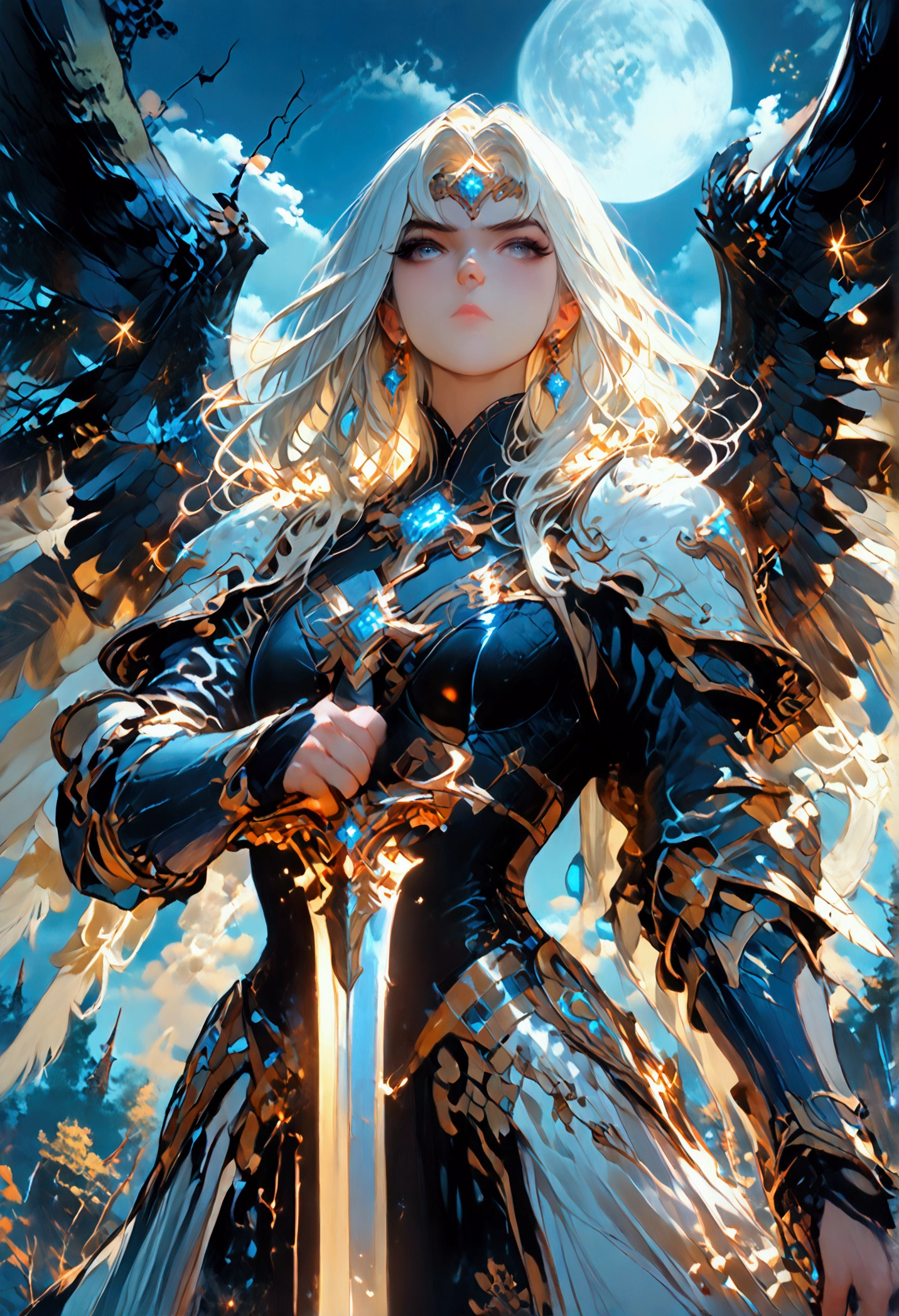 score_9, score_8_up, score_7, an epic fantasy art portrait of aasimar, female, paladin ready for battle under the full moon, holy warrior, spread large feathered wings, majestic wings, white angelic wings spread (Masterpiece, intense details: 1.5), moon light, moon, stars, clouds, holy symbol, armed with a divine sword, wearing holy armor, dynamic hair color, dynamic hair style, dynamic skin complexion, dark fantasy (forest background: 1.3), many trees, under the moonlight, some stars in the sky, some clouds, moon rays, determined face, god rays, cinematic lighting, glowing light, silhouette, from outside, photorealism, panoramic view (Masterpiece 1.3, intense details) , Wide-Angle, Ultra-Wide Angle, 16k, highres, best quality, high details, 16K, ultra detailed, masterpiece, best quality, (extremely detailed), arafed, dnd art, portrait, full body, magical sky, cloud, sky, hkstyle