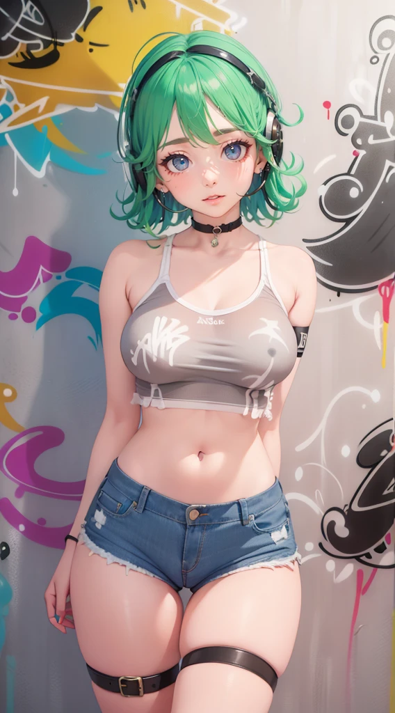 masterpiece, best quality, (extremely detailed CG unity 8k wallpaper, masterpiece, best quality, ultra-detailed, masterpiece, best quality, 1girl, solo, crop top, denim shorts, choker, (graffiti:1.5), paint splatter, arms behind back, against wall, looking at viewer, armband, thigh strap, paint on body, head tilt, bored, multicolored hair, aqua eyes, headset, Tatsumaki,