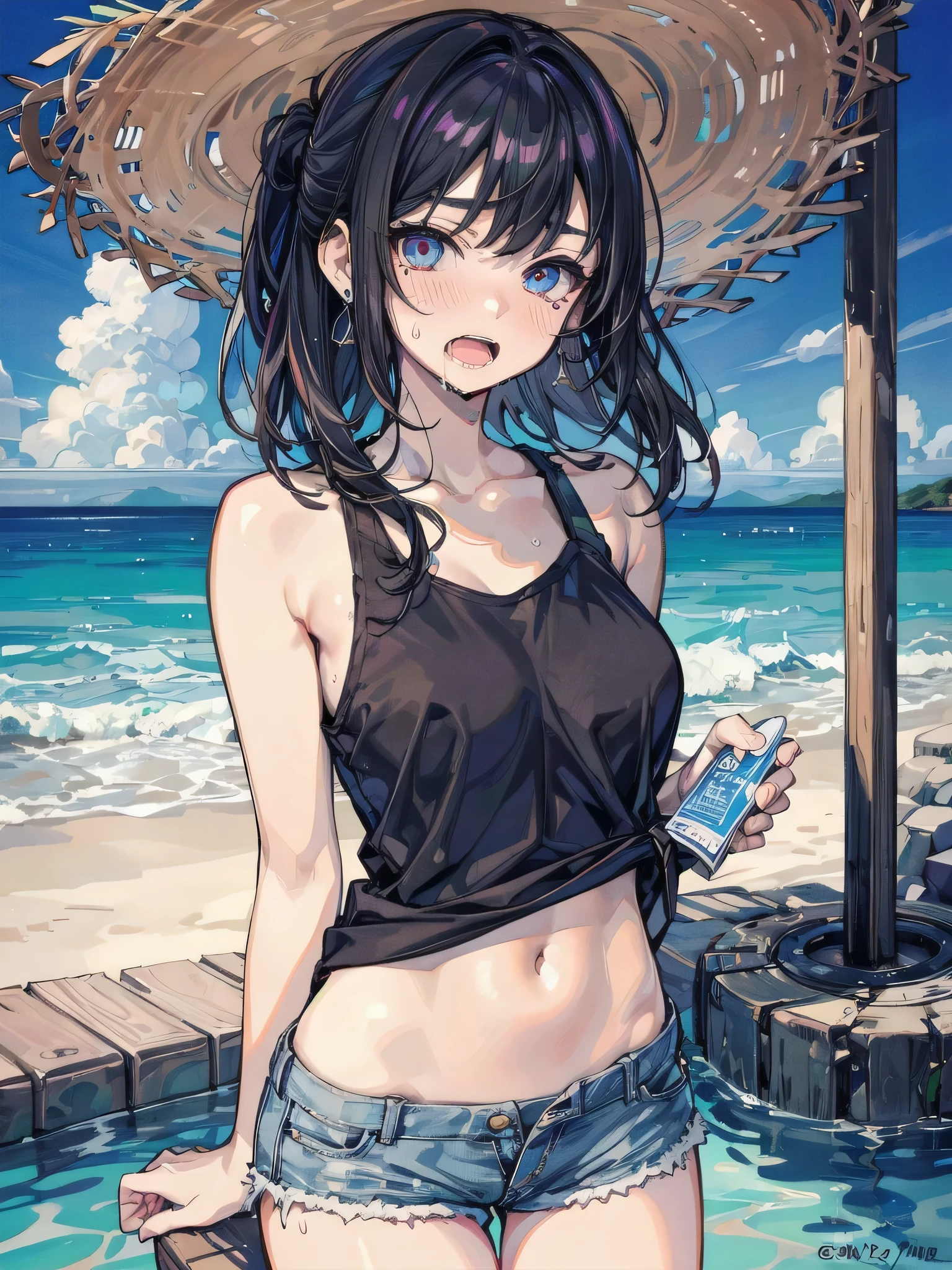 full body, solo, alone, delicate facial features, medium tits, medium hair, black hair, tearful mole, earring, t-shirt, crop top, off-shoulder, Hot Pants, sandal, beach,