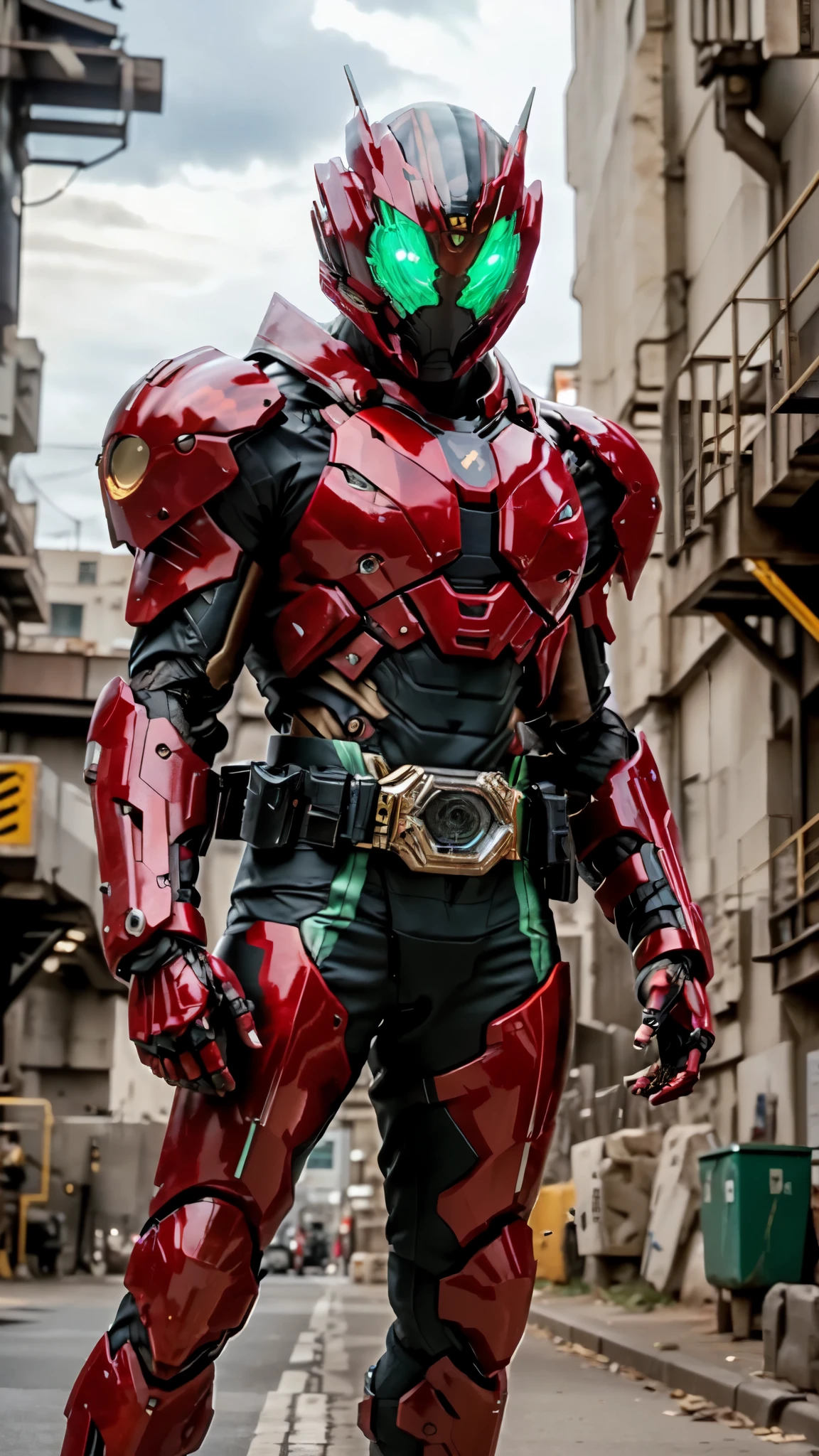 (masterpiece:1.5, best quality:1.5, extremely delicate:1.5), ((male:1.5)), a man wearing a full-face helmet, green eyes, fantasy-style high-tech biomimetic armored combat suit, (a composite layered chest armor), the design balances heavy with agility, fully enclosed shoulder guards, matching arm and leg guards, a belt of gemstone, (the color scheme is primarily Blue and Golden with Black accents, Organic Biotech, Concept Inspired by Kamen Rider, glowing eyes, armor glows, stand of a futuristic sci-fi city), this character embodies a finely crafted fantasy-style armored hero in anime style, exquisite and mature art style, metallic, high definition, highres, ultra-detailed, ultra-fine painting, professional, perfect body proportions, golden ratio, anatomically correct, symmetrical face, extremely detailed eyes and face, high quality eyes, creativity, RAW photo, UHD, 32k, Natural light, cinematic lighting, masterpiece-anatomy-perfect