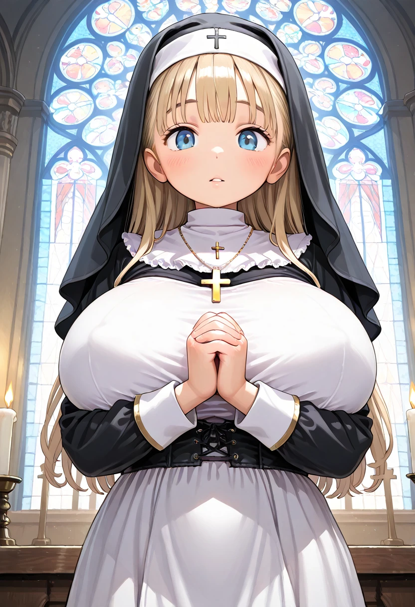 breasts, 1girl, own_hands_together, blonde_hair, jewelry, stained_glass, gigantic breast, blue_eyes, interlocked_fingers, hands_clasped, nun, hands_together, looking_at_viewer, solo, necklace, cross, dress, rating:questionable, long_sleeves, bangs, holding_hands, church, medium_breasts, standing, eyebrows_visible_through_hair, candle