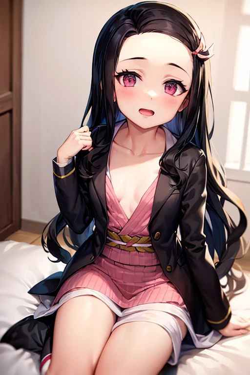 ((Best Quality)), ((masterpiece)), (be familiar with),  perfect face, indoor, bedroom,  watching viewers ,
One woman, Kamado Nezuko,
 characters with open mouth ,  ecstatic expression, blush, smile,
Small breasts,  flat chest, Young girl, Lori,  kids,  girl,
Long Hair,  long hair,
Leg spread,