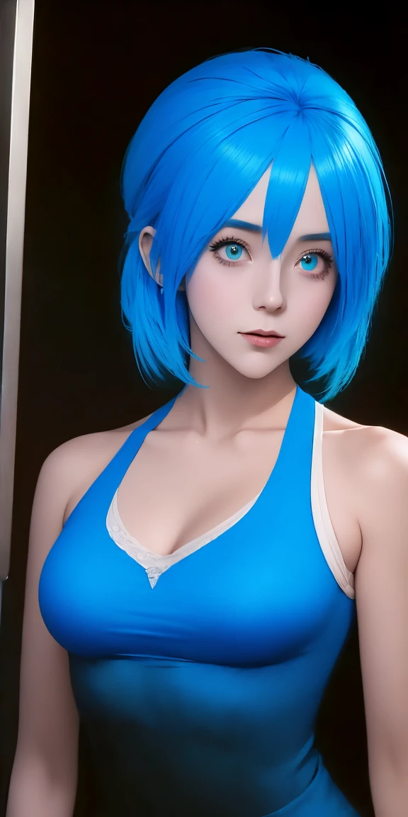 (intrincate details: "(a character in an realistic human style, woman has big blue eyes and blue hair, solo 1girl 18 years old, blue hair, cute, symmetrical face, covered nipples, firm breasts, ((slim build)), young woman, beak of pocky cat ears, white very short and slim crop top, (black short), looking at viewer, very short cowboy mini skirt, medium breasts, blue eyes, short hair, armor, very sexy)"