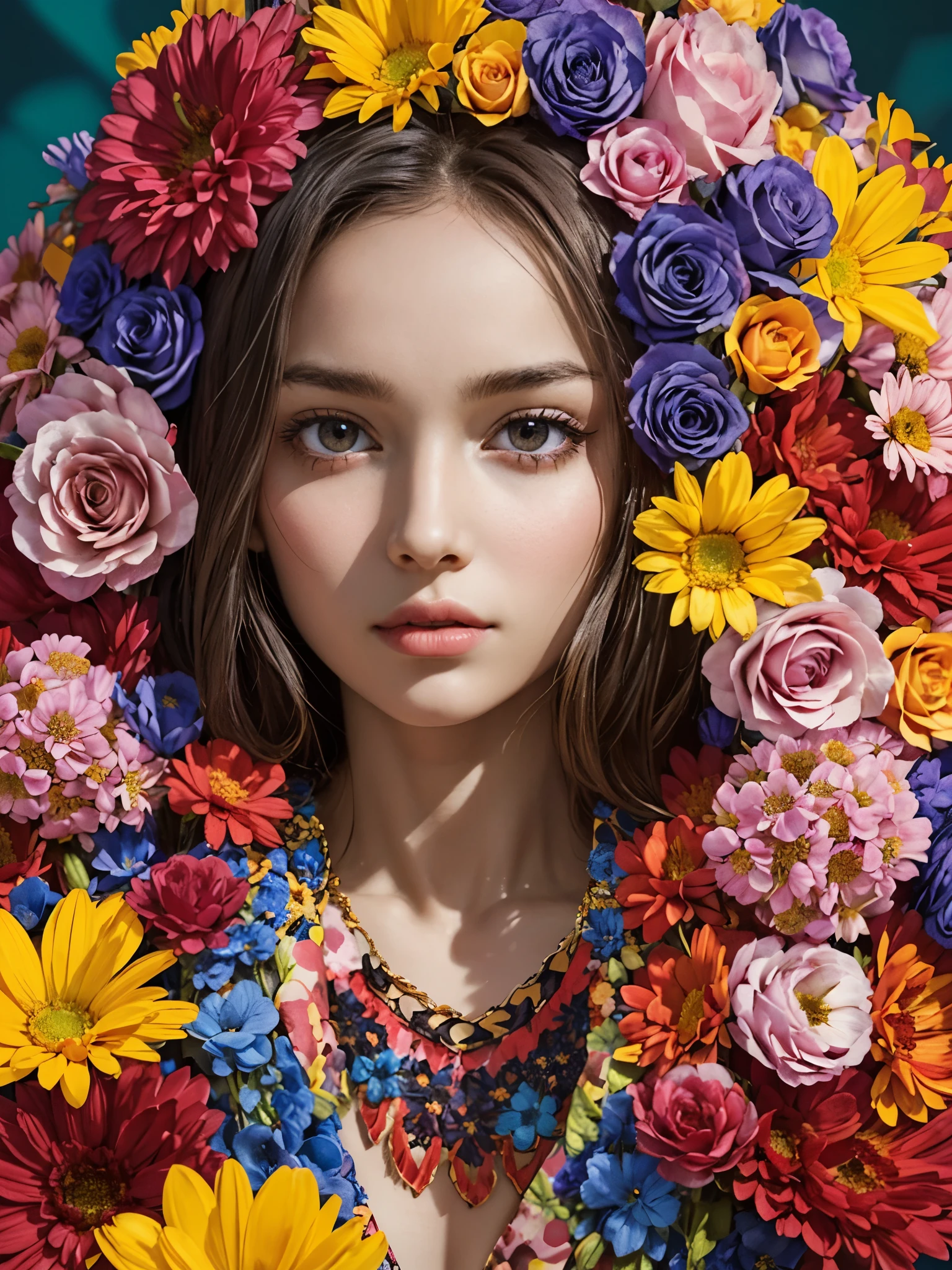 score_9, score_8_up, score_7_up, score_6_up, score_5_up, score_4_up, girl, (****, teen, cute), detailed face, (covered by flowers, colorful flowers that looks like scale, flower aesthetic, intricate details, super intricate details, flowers intricate structure:1.2), dark background, fashion, fashon portrait, still life photography, sharp focus,