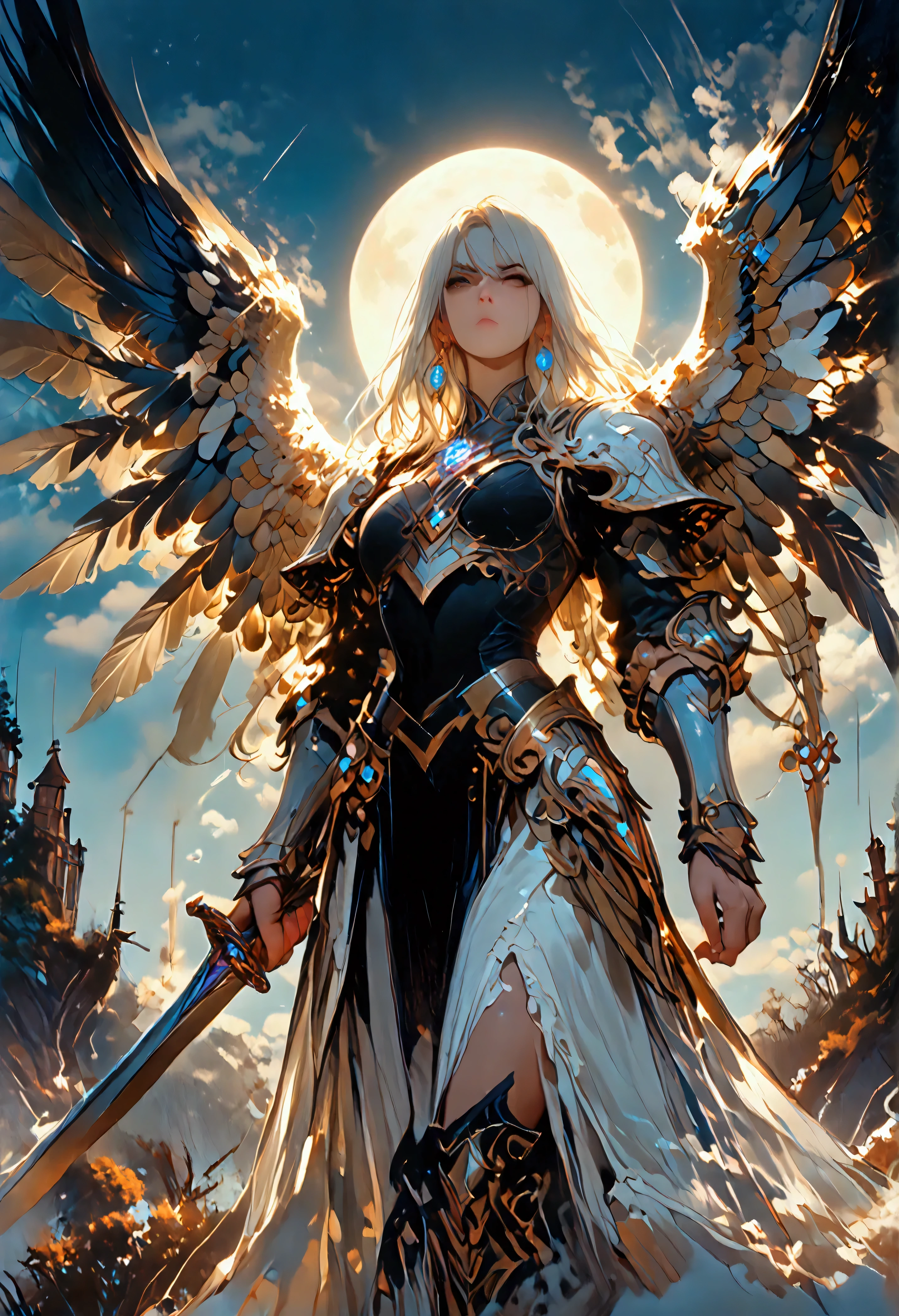 score_9, score_8_up, score_7, an epic fantasy art portrait of aasimar, female, paladin ready for battle under the full moon, holy warrior, spread large feathered wings, majestic wings, white angelic wings spread (Masterpiece, intense details: 1.5), moon light, moon, stars, clouds, holy symbol, armed with a divine sword, wearing holy armor, dynamic hair color, dynamic hair style, dynamic skin complexion, dark fantasy (forest background: 1.3), many trees, under the moonlight, some stars in the sky, some clouds, moon rays, determined face, god rays, cinematic lighting, glowing light, silhouette, from outside, photorealism, panoramic view (Masterpiece 1.3, intense details) , Wide-Angle, Ultra-Wide Angle, 16k, highres, best quality, high details, 16K, ultra detailed, masterpiece, best quality, (extremely detailed), arafed, dnd art, portrait, full body, magical sky, cloud, sky, hkstyle