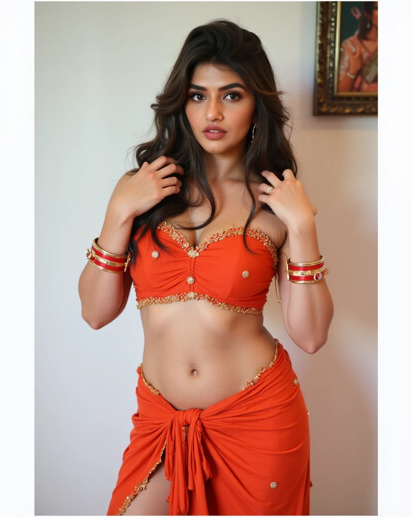 a close up of a woman in an orange dress posing for a picture, sexy girl, indian goddess, hot fire goddess, sexy look, curvy, sexy :8, stunning woman, beautiful goddess, indian, actress, thicc, her belly button is exposed, gorgeous woman, the extremely hot and sexy, jaw-dropping beauty, curves!!, gorgeous lady