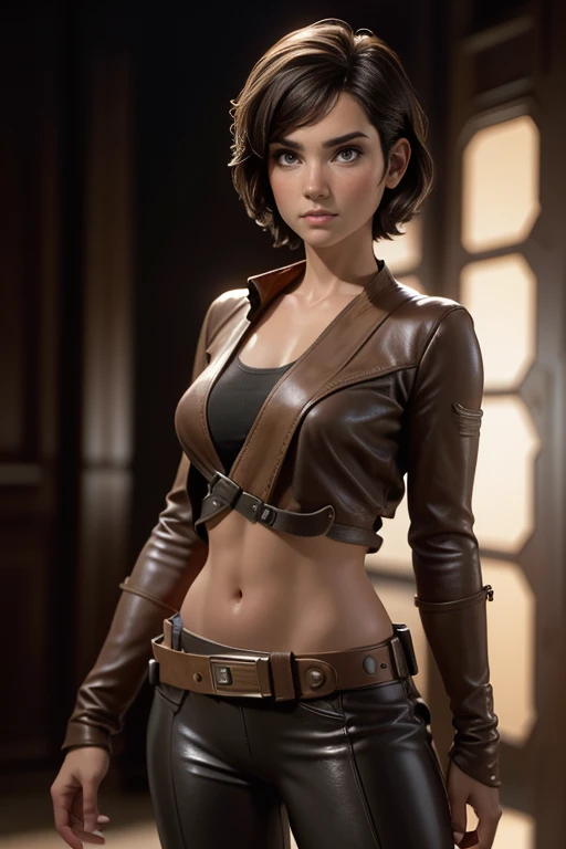 Star Wars ,  short hair , brown eyes, confident, decided, firm stance, confident expression,  female smuggler wears tight brown leather leggings with belt,  masterpiece , super detail,  lyrics,  composition epic character,  natural lighting ,  sharp focus,  ultra resolution ,  plain white background , without patterns, No textures.