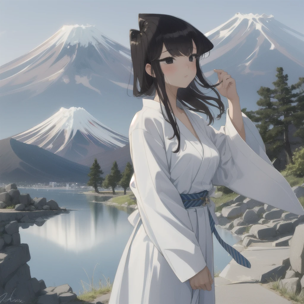 (masterpiece,  best quality ),   intricate details ,
 1 girl,       come_Shouko, , white shirt
japan, outdoors, rock, Mt fuji,