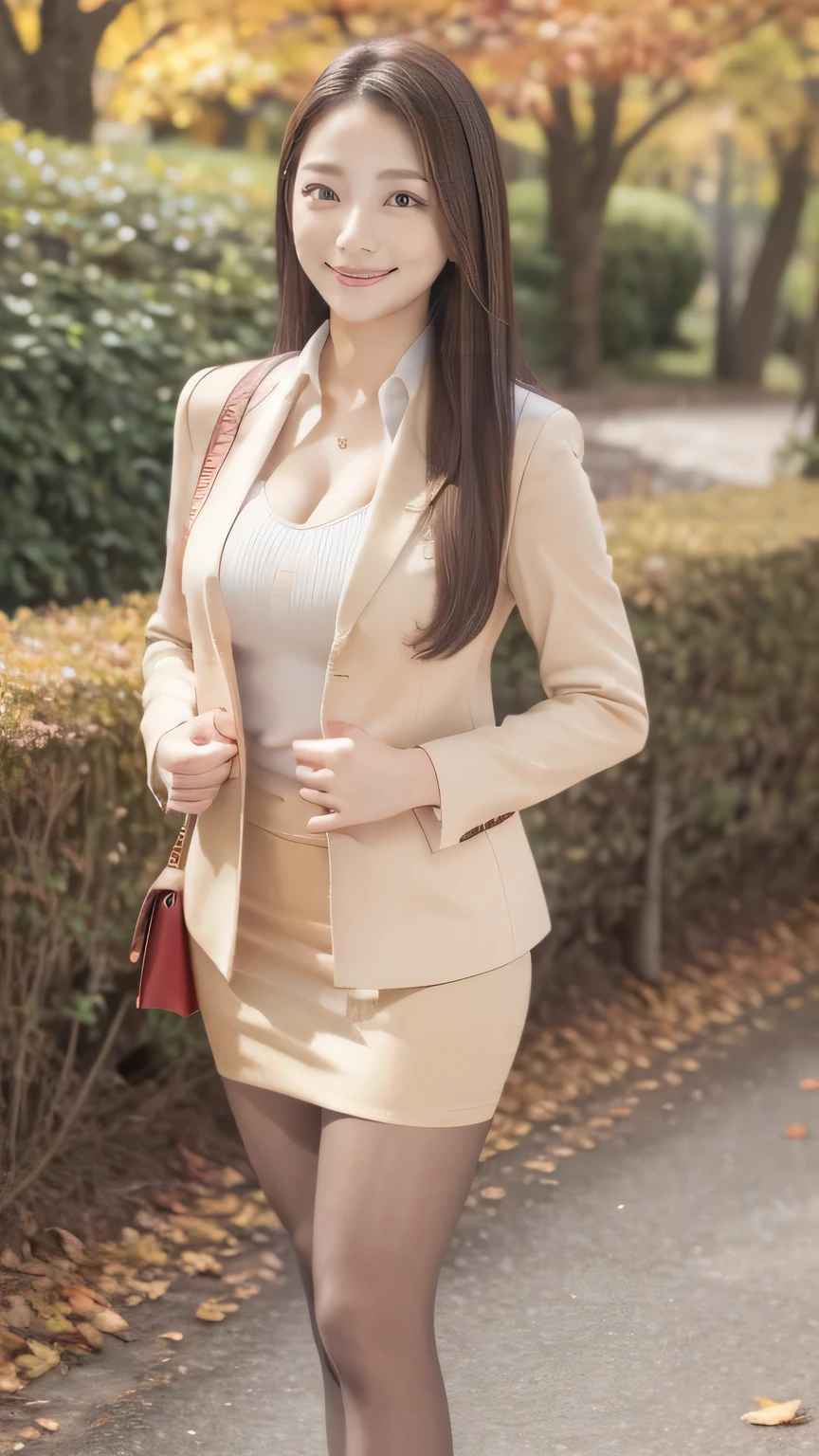 Best Quality 、8k、masterpiece、 Ultra High Definition 、Clear Photo、 Professional Lighting 、Natural Light、Realistic、 High Definition Skins 、 Perfect Anatomy、 one woman、Age 30、baby face:1.8、Big Breasts、blonde、Beautiful Hair、smile、(Tight Suit、 jacket、v-neck rib knit 、 cleavage、 pencil skirt 、 pantyhose)、(( autumn park、 lots of fallen leaves ))、Standing pose、((( Full Body Shot 、 looking at camera)))