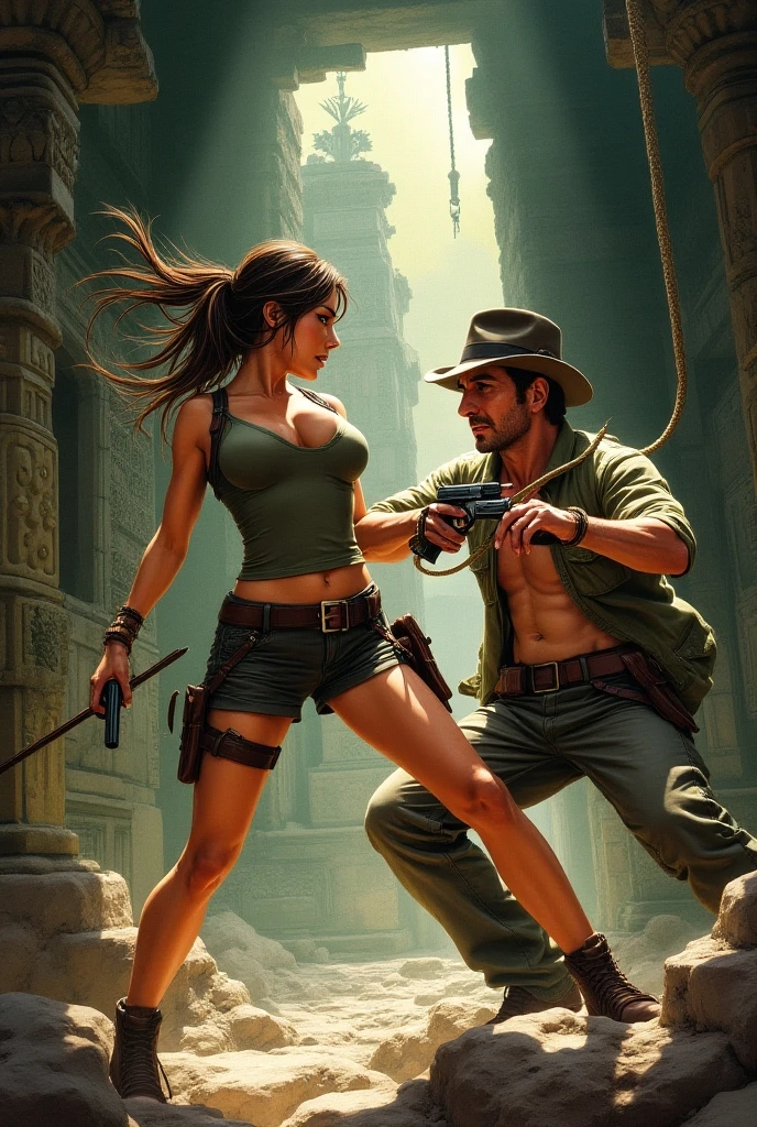 Two sexy women big breasts athletic body in high top jeanstenis shorts wearing backpack on back senary trapped in a dark cave with fire torch NAFW nudity fur coat and cap